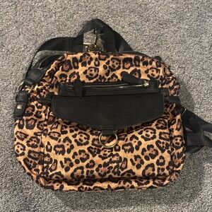 Leopard Print Women’s Backpack with Black Trim and Gold Hardware